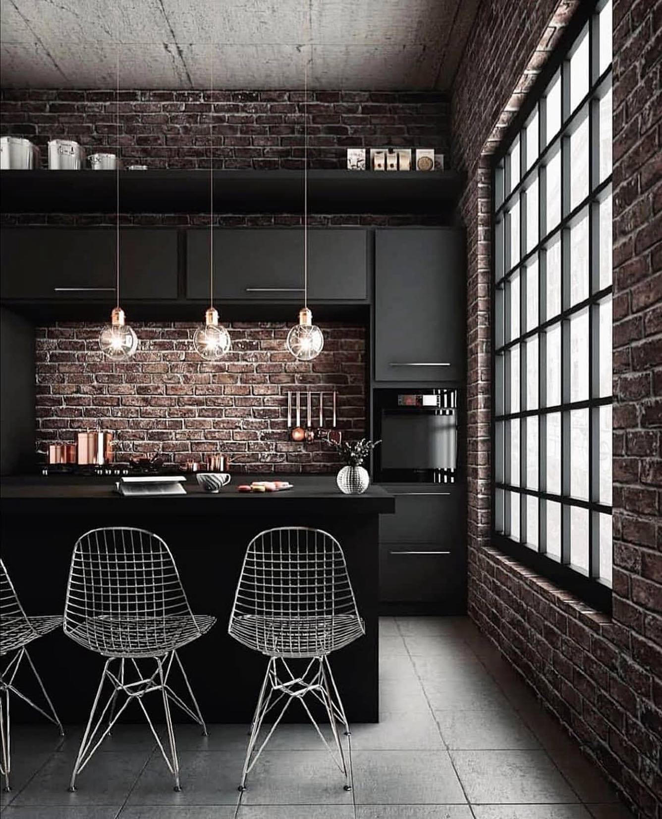 Architecture & Interior Design - Amazing black kitchen with brick wall by #pink_art_designGet Inspir